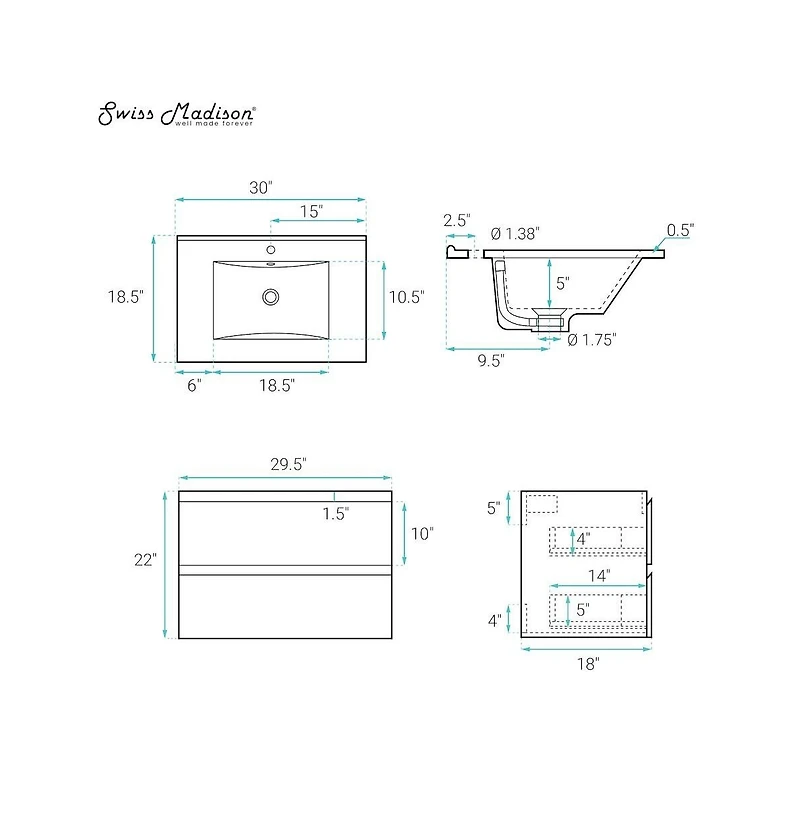 Swiss Madison Liberte 30" Wall-Mounted Bathroom Vanity in Brown Oak with Sink Top