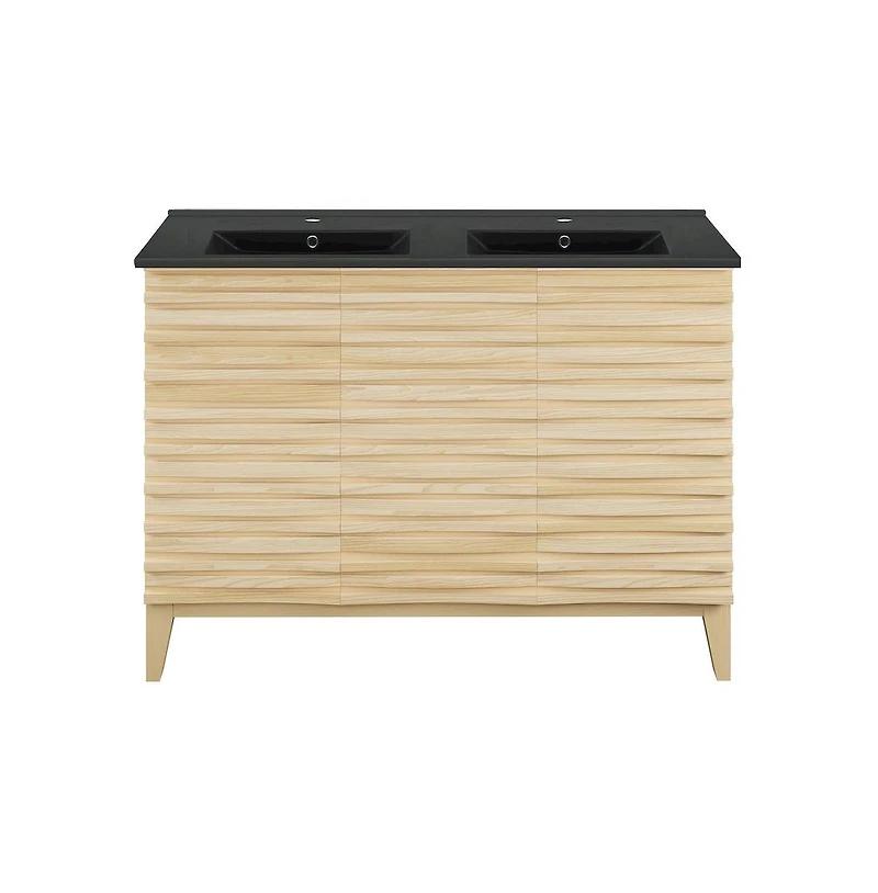Swiss Madison 48 in. Natural Oak, Double Basin Bathroom Vanity With Black Ceramic Sink Top