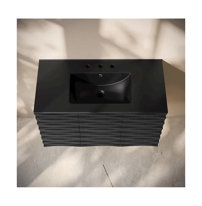 Swiss Madison 36" Wall-Mounted Bathroom Vanity in Black Oak, Black 3-Hole Widespread Sink Top