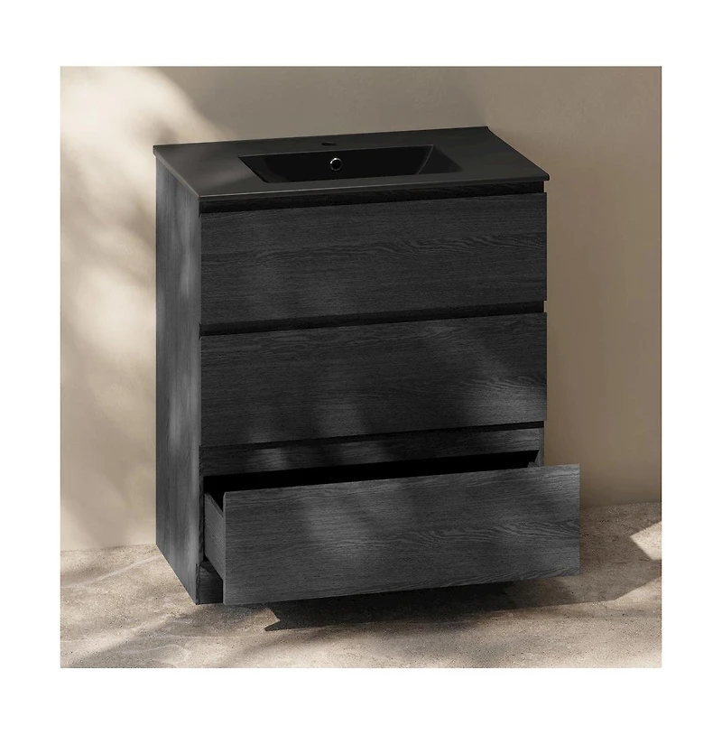 Swiss Madison Liberte 30" Freestanding Bathroom Vanity in Black Oak with Black Sink Top