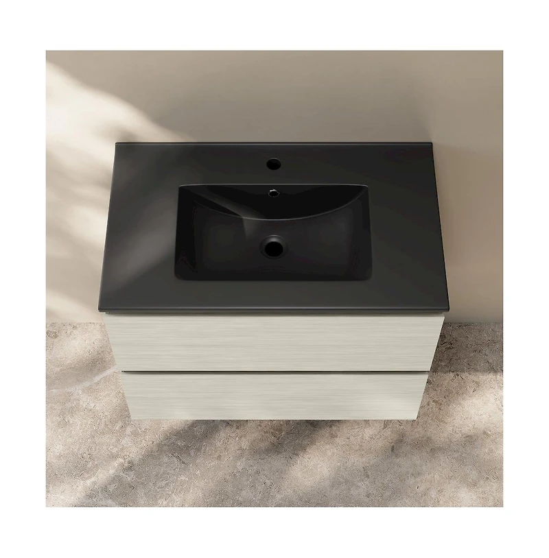 Liberte 30" Wall-Mounted Bathroom Vanity in White Oak with Black Sink Top