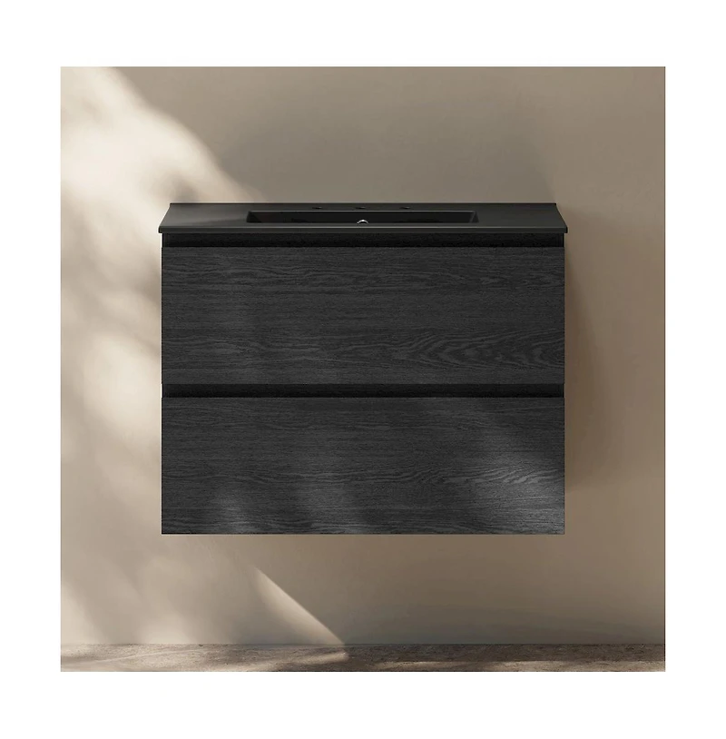 Swiss Madison 30" Wall-Mounted Bathroom Vanity in Black Oak, Black 3-Hole Widespread Sink Top