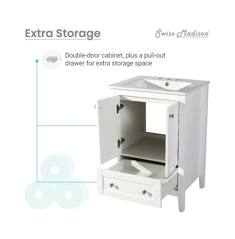 Swiss Madison Cannes 24 in. White Bathroom Vanity With White, 3-Hole Ceramic Sink Top