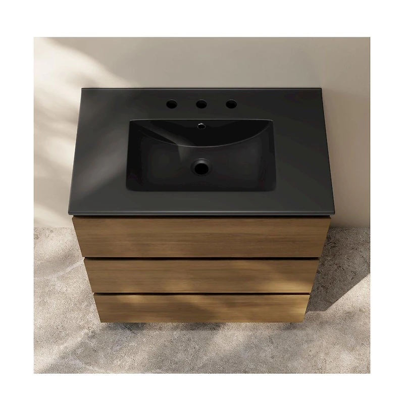 Swiss Madison30" Freestanding Bathroom Vanity in Brown Oak, Black 3-Hole Widespread Sink Top