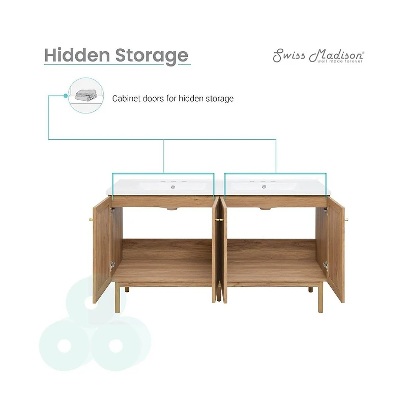 Swiss Madison 60" Freestanding Bathroom Vanity, 3-Hole Widespread Double Basin Sink Top