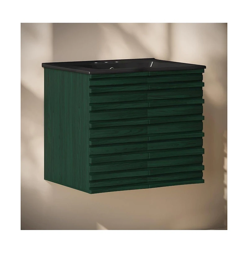 Swiss Madison 24" Wall-Mounted Bathroom Vanity in Green Oak, Black 3-Hole Centerset Sink Top