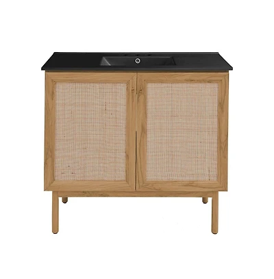 Swiss Madison36" Freestanding Bathroom Vanity in Golden Oak, Black 3-Hole Widespread Sink Top