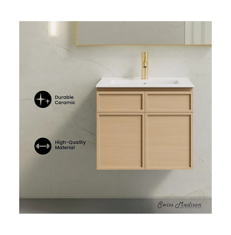 Swiss Madison St. Tropez 24" Wall-Mounted Bathroom Vanity in Natural Oak with Sink Top