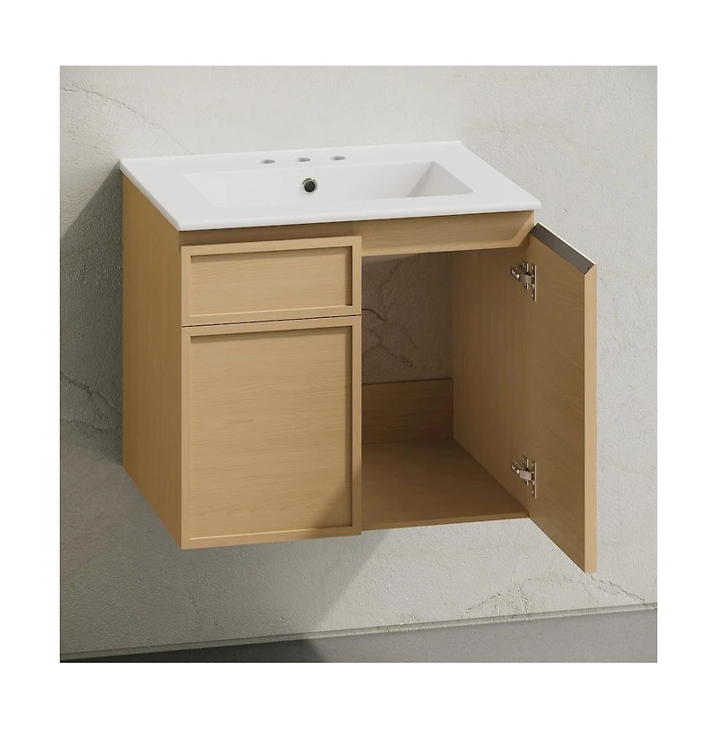 Swiss Madison 24" Wall-Mounted Bathroom Vanity in Natural Oak with 3-Hole Centerset Sink Top