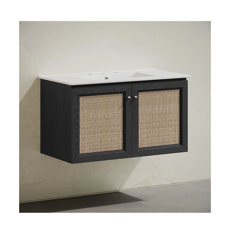 Swiss Madison36" Wall-Mounted Bathroom Vanity, Black Oak, Widespread Faucet Holes Vanity Top