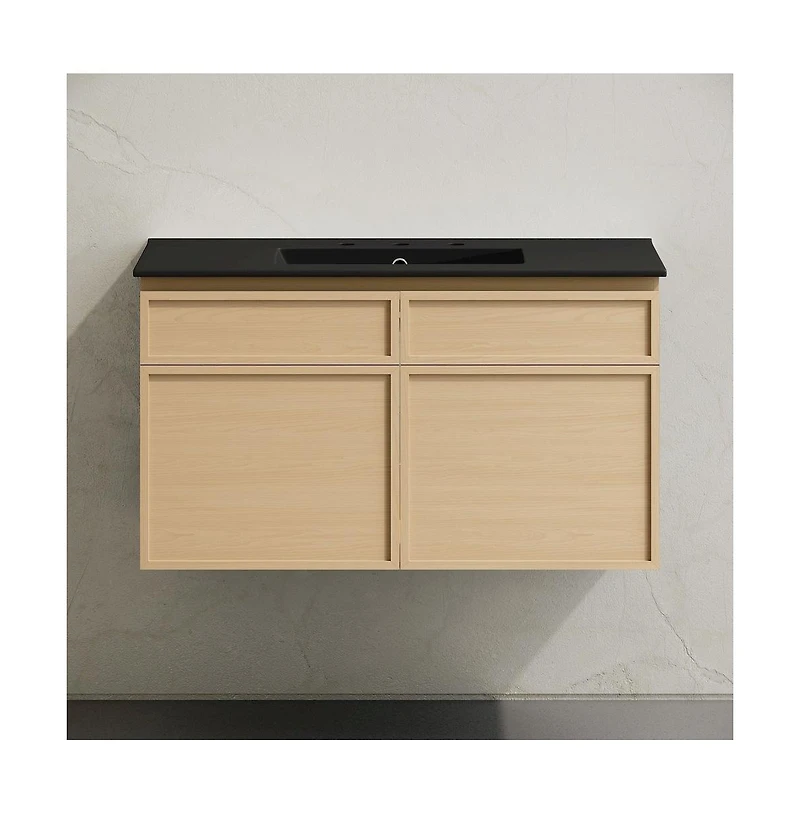 Swiss Madison 36" Wall-Mounted Bathroom Vanity, Natural Oak, Black 3-Hole Widespread Sink Top