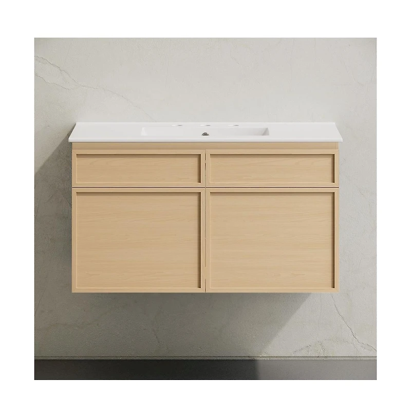 36" Wall-Mounted Bathroom Vanity in Natural Oak with 3-Hole Widespread Sink Top