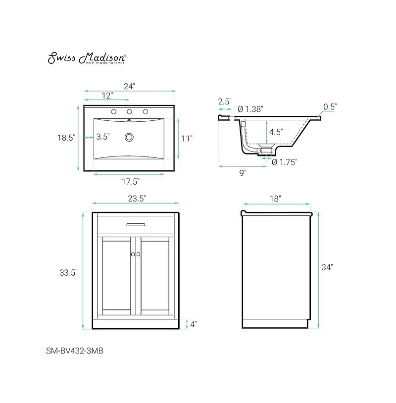 Swiss Madison Burdon 24 in. Brown Oak Bathroom Vanity With Black, 3-Hole Ceramic Sink Top