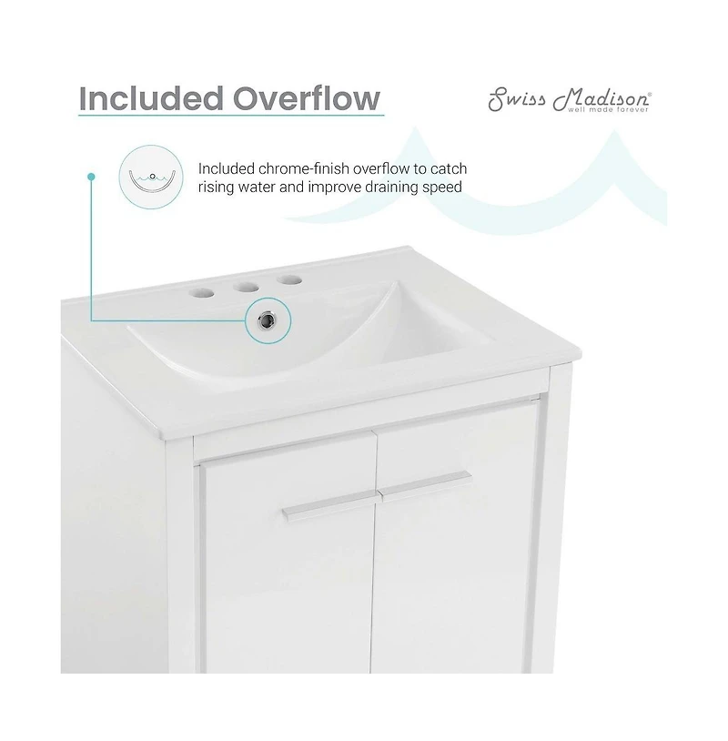 Swiss Madison Virage 24 in. White Bathroom Vanity With White, 3-Hole Ceramic Sink Top