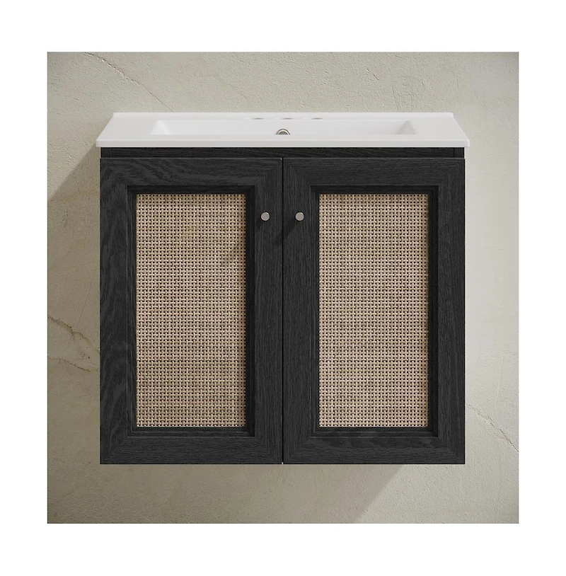 24" Wall-Mounted Bathroom Vanity in Black Oak, Centerset Faucet Holes Vanity Top