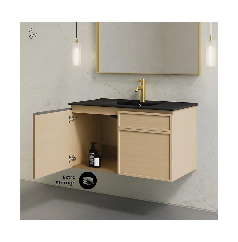 Swiss Madison St. Tropez 36" Wall-Mounted Bathroom Vanity in Natural Oak with Sink Top