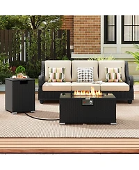 2-Piece Outdoor Rattan Fire Table Set 32 Inch Rectangle Gas Firepit with Tank Cover
