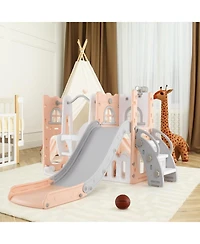 7-in-1 Toddler Swing and Slide Set L-shaped with Ladder and Basketball Hoop