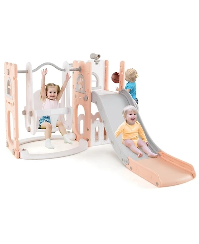 7-in-1 Toddler Swing and Slide Set L-shaped with Ladder and Basketball Hoop