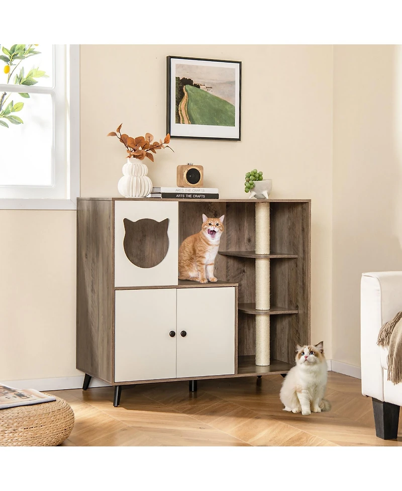 Gymax Cat Litter Box Enclosure 5-in-1 Enlarged Cat Litter Cabinet Furniture