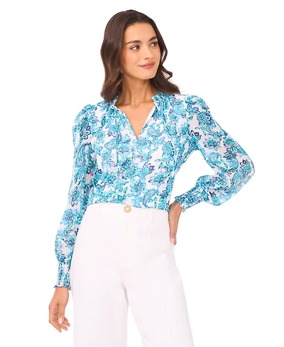 CeCe Women's Smocked Cuff Ruffle Long-Sleeve Blouse
