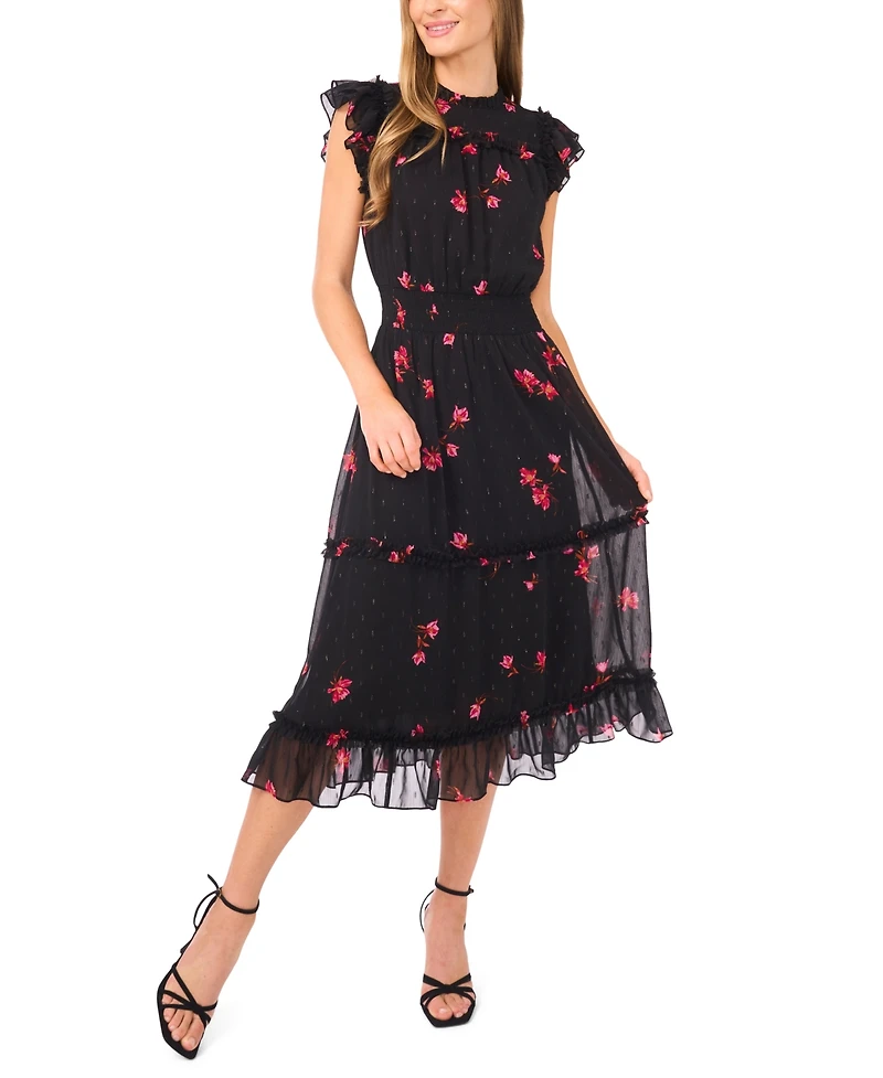 CeCe Women's Flutter Sleeve Smocked Waist Midi Dress