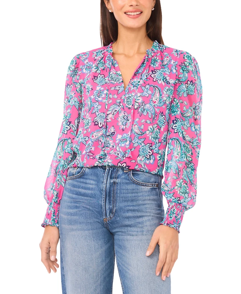 CeCe Women's Smocked Cuff Ruffle Long-Sleeve Blouse