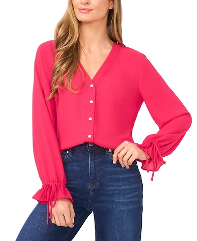 CeCe Women's V-Neck Button Down Lace Flounce Trim Top