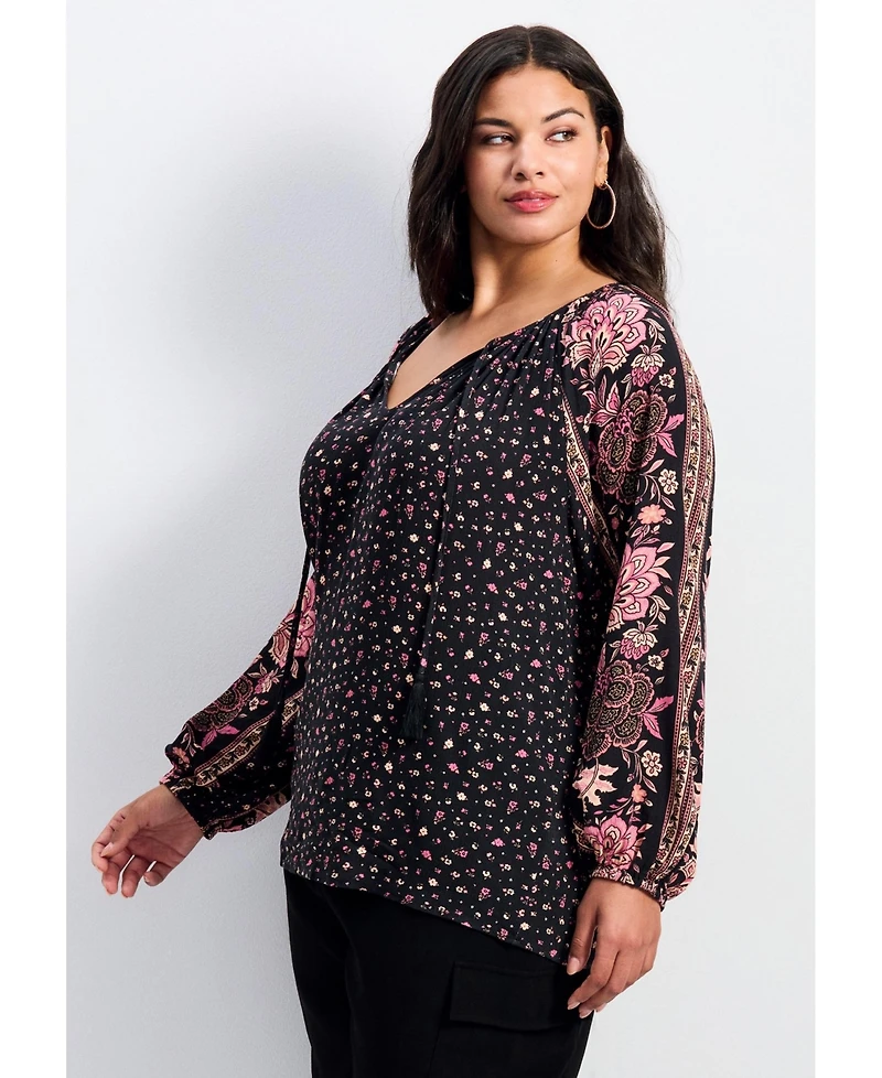 Avenue Women's Eliana Border Print Sleeve Peasant Top