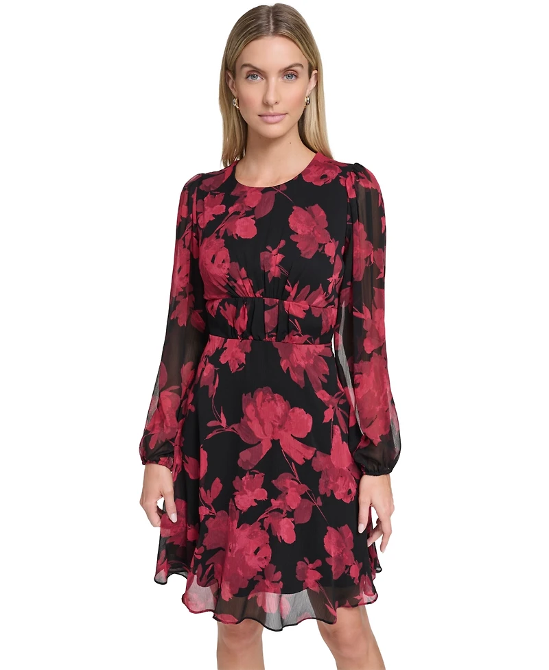 Calvin Klein Petite Printed Long-Sleeve A-Line Dress