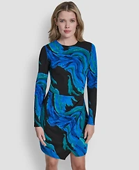 Dkny Women's Long Sleeve Jewel Neck Ruched Skirt Dress