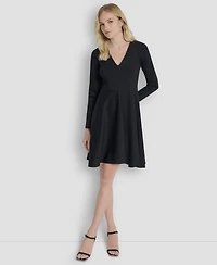 Dkny Women's Long Sleeve Rib Knit Fit and Flare Dress