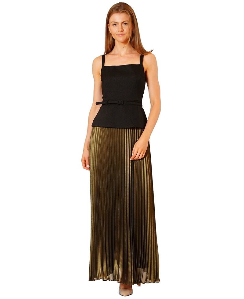 julia jordan Women's Mix Media Belted Pleated Skirt Dress