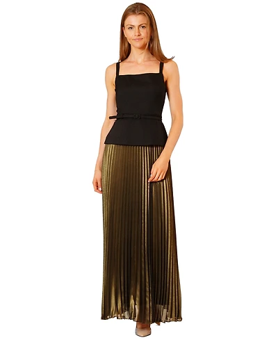 julia jordan Women's Mix Media Belted Pleated Skirt Dress