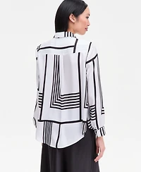 I.n.c. International Concepts Women's Printed Gathered-Shoulder Button-Front Blouse, Macy's Exclusive