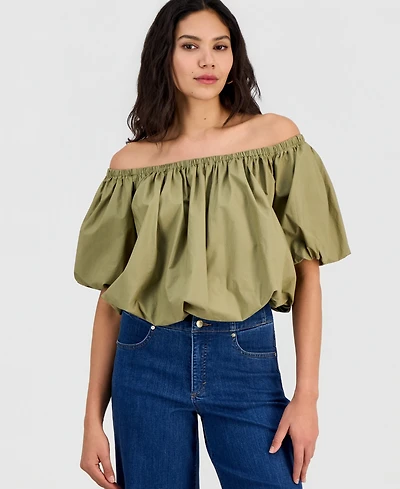 I.n.c. International Concepts Women's Cotton Off-The-Shoulder Bubble-Hem Blouse, Macy's Exclusive