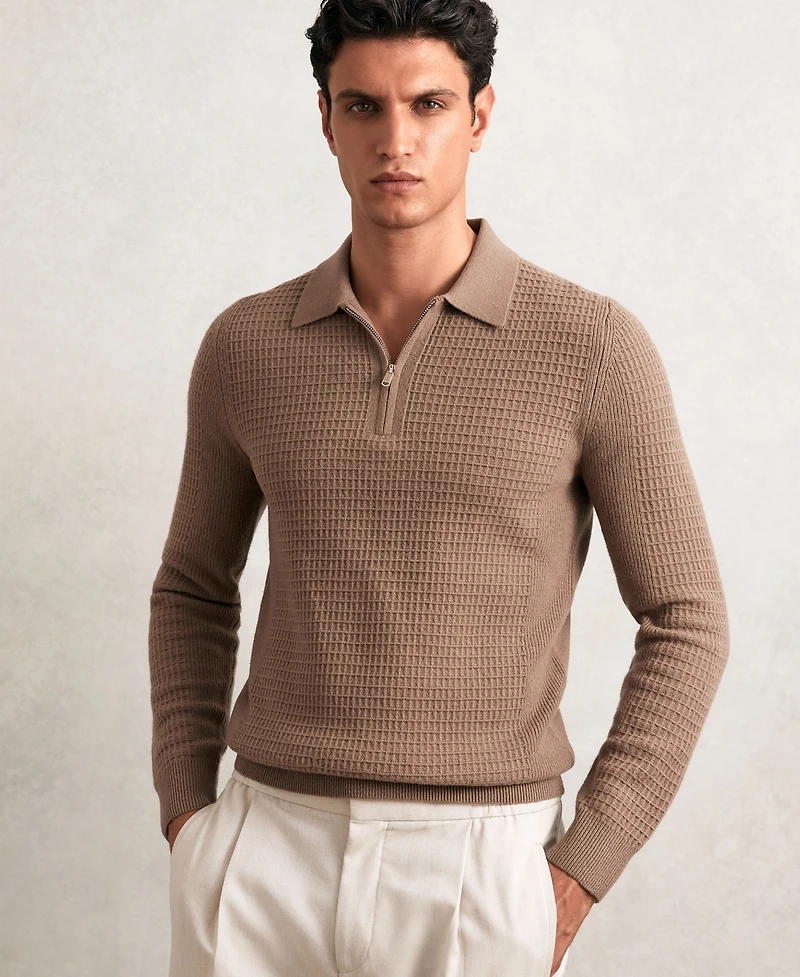 Reiss Men's Wool Waffle-Knit Half-Zip Polo Shirt