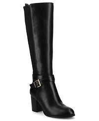 Journee Women's Avalonn Buckle Strap Knee High Stacked Heel Inside Zipper Comfort Dress Boots