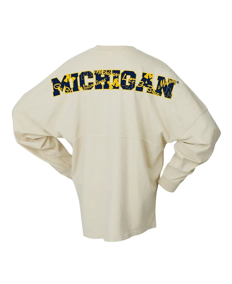 Spirit Jersey Women's Cream Michigan Wolverines Oversized Preppy Long Sleeve T-Shirt