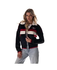 The Wild Collective Women's Black San Francisco 49ers Cropped Corduroy Full-Zip Bomber Jacket