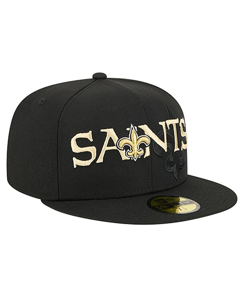 New Era Men's Black Orleans Saints Overlap Wordmark 59FIFTY Fitted Hat