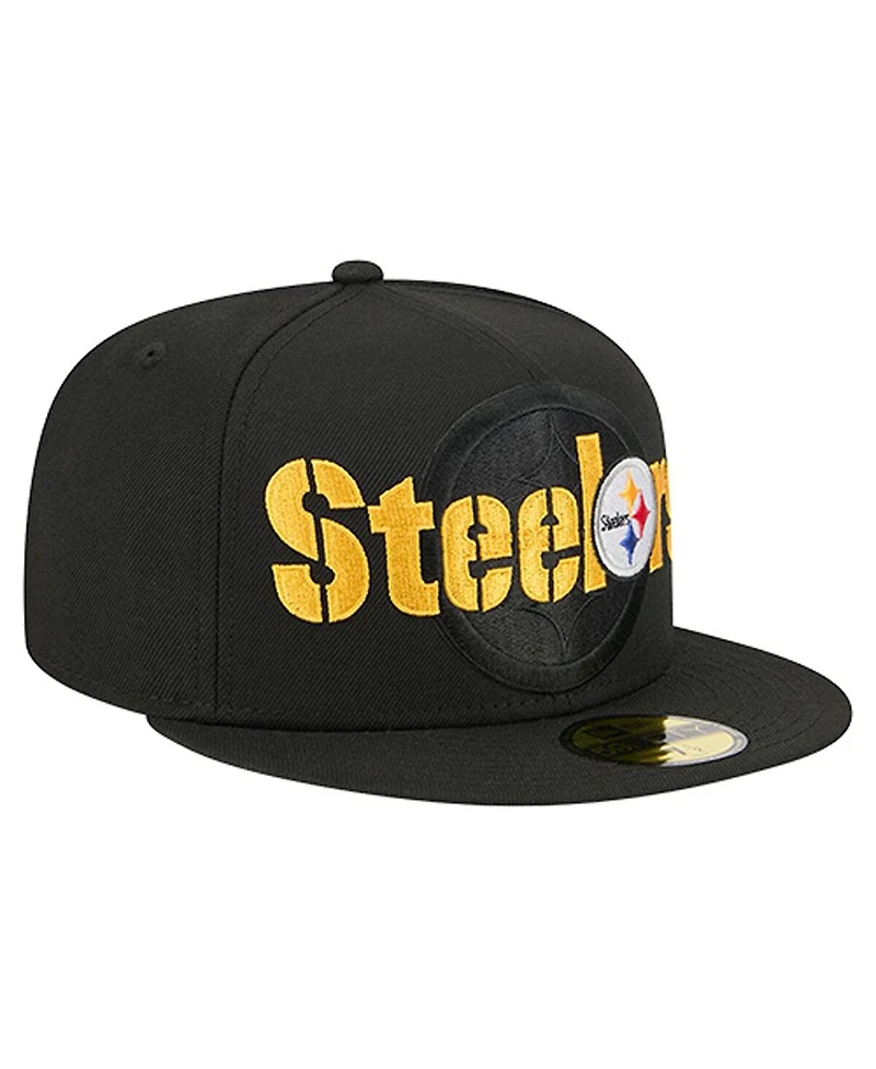 New Era Men's Black Pittsburgh Steelers Overlap Wordmark 59FIFTY Fitted Hat