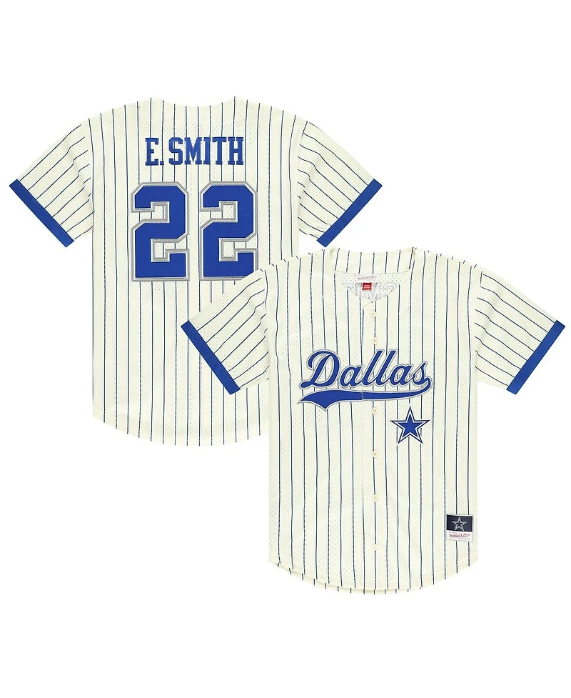 Mitchell & Ness Men's Emmitt Smith Cream Dallas Cowboys Name Number Mesh Button-Up Baseball Jersey