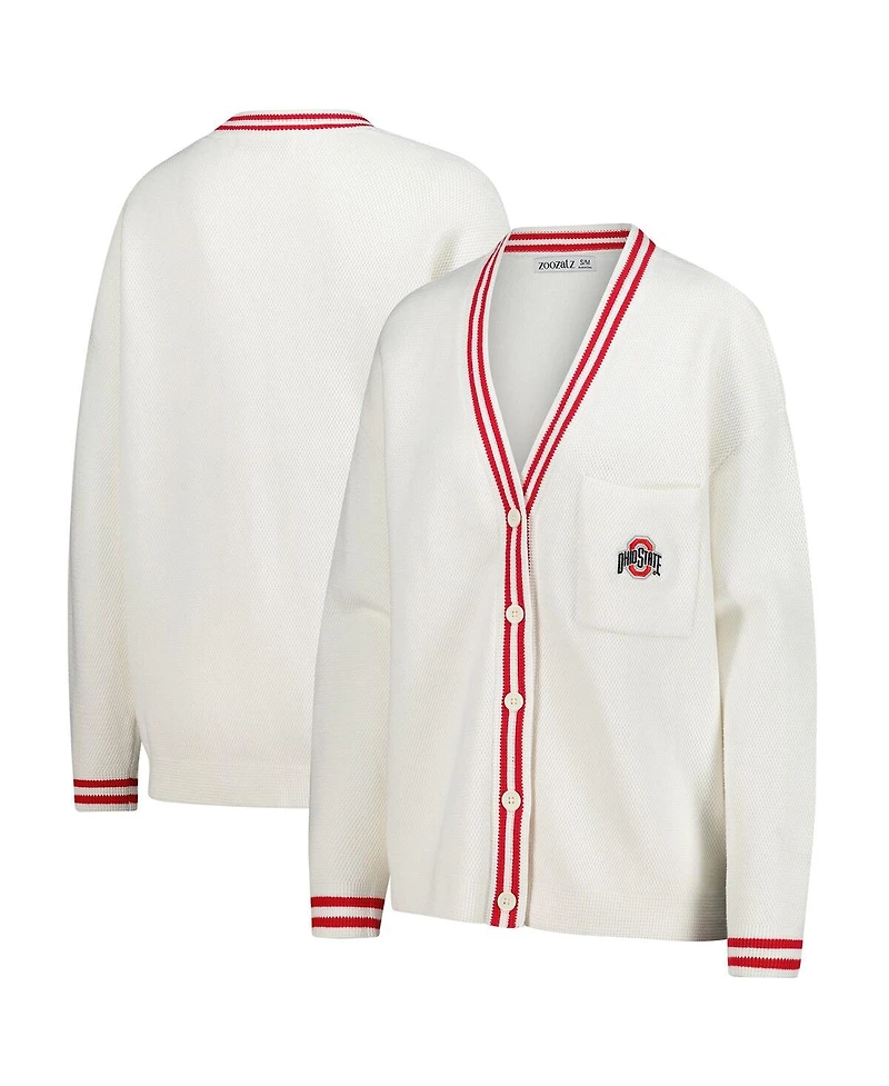 ZooZatz Women's Cream Ohio State Buckeyes Striped Knit Button-Up Cardigan