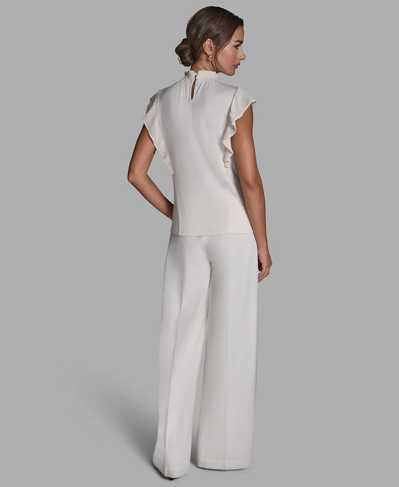 Bcbg Women's Pleated Mock Neck Flutter Sleeve Top