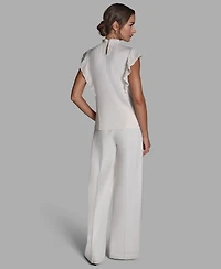 Bcbg Women's Pleated Mock Neck Flutter Sleeve Top