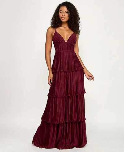 Emerald Sundae Juniors' V-Neck Ruffle-Tiered Sleeveless Gown