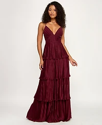 Emerald Sundae Juniors' V-Neck Ruffle-Tiered Sleeveless Gown