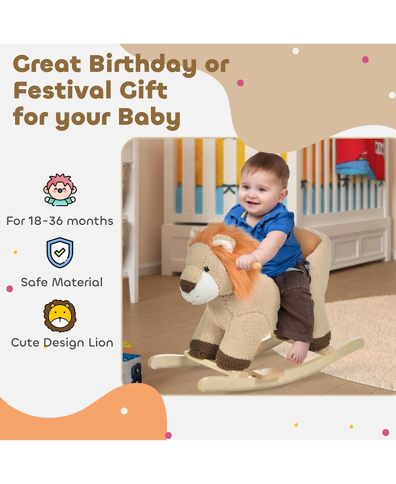 Qaba Baby Rocking Horse Lion with Sound, Plush Stuffed Rocking Animals, Wooden Rocking Horse with Seat Belt for 18-36 Months Boys and Girls Gift, Brow