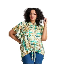 Avenue Women's Tie Front Scarf Sleeve Blouse